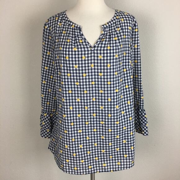 Talbots Navy Gingham Yellow Embroidered Top Large - Picture 1 of 6